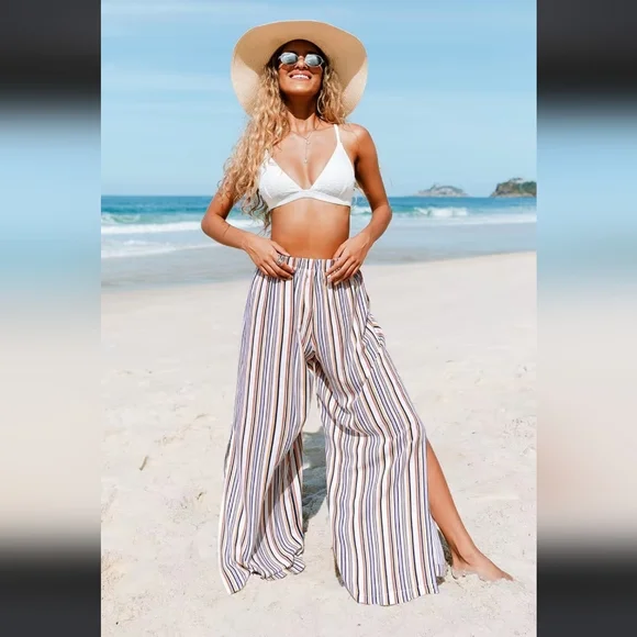 CUPSHE Brittney Striped Elastic Waist Beach Cover-Up Pants Swim Resort Size L - Picture 2 of 3